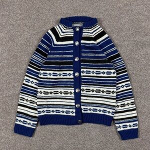 Hand Knit Blue Striped Cardigan Sweater Women’s XS/S Ski Cabin Nordic Fair Isle